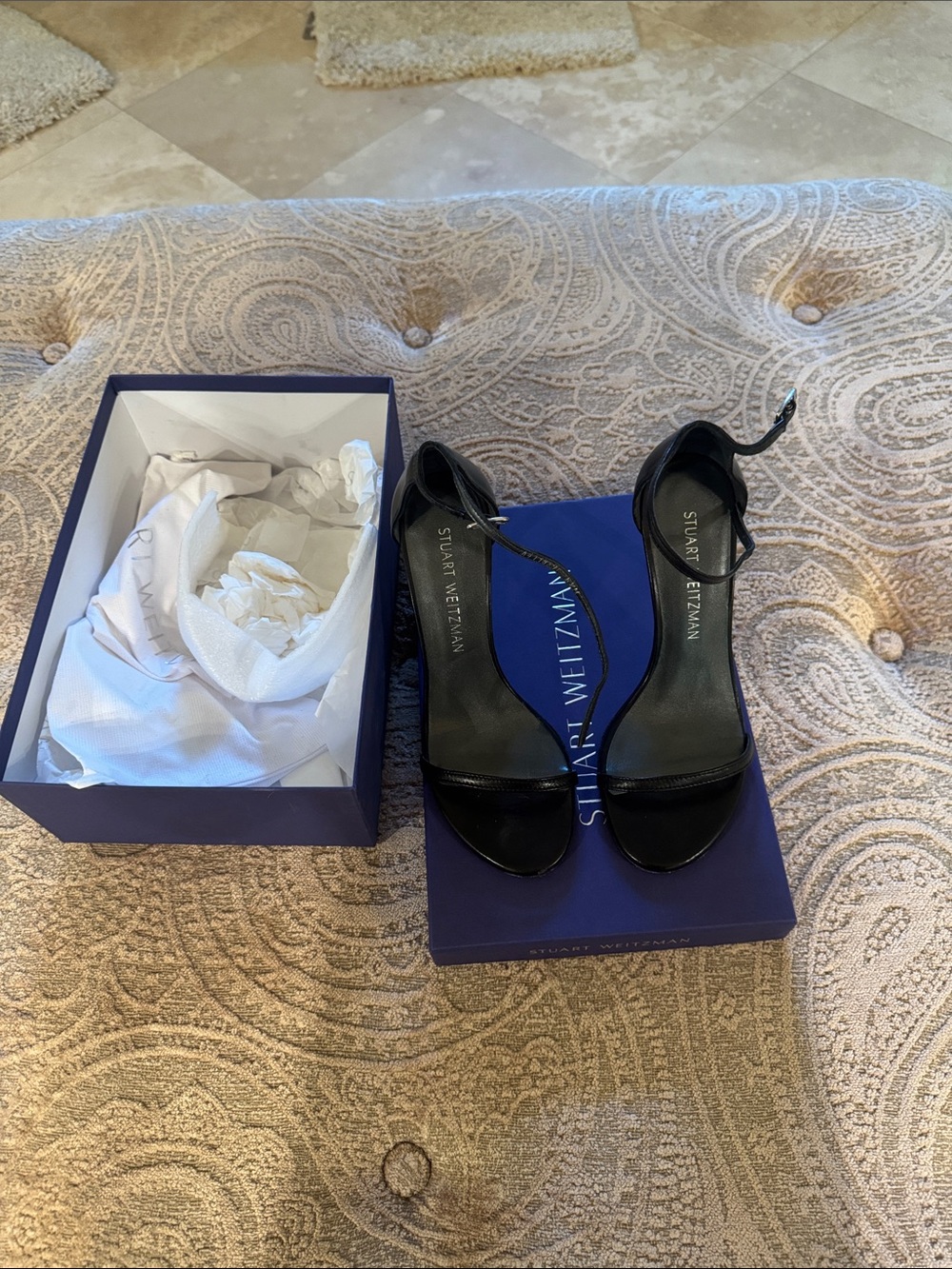 Stuart Weitzman Black Leather Ankle-Strap Heels
